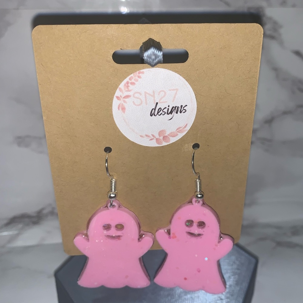 Pink Smiley Ghost Dangly Glitter Earrings